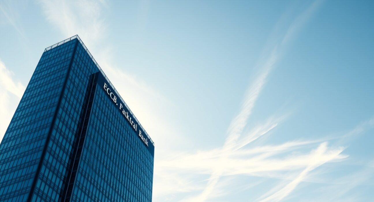 European Central Bank headquarters in Frankfurt, Germany, under a clear sky.