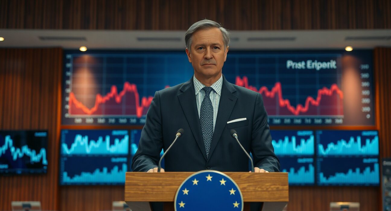 ECB official Pierre Wunsch speaking at a press conference about interest rate policy and US-Iran deal impact