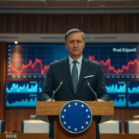 ECB official Pierre Wunsch speaking at a press conference about interest rate policy and US-Iran deal impact
