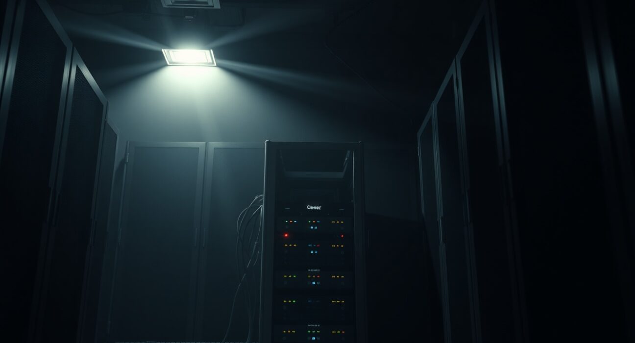 Dimly lit server room with a single illuminated rack, representing a critical security incident at Echo Protocol.
