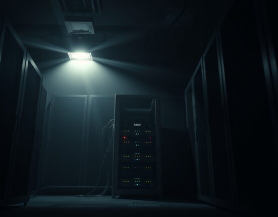 Dimly lit server room with a single illuminated rack, representing a critical security incident at Echo Protocol.