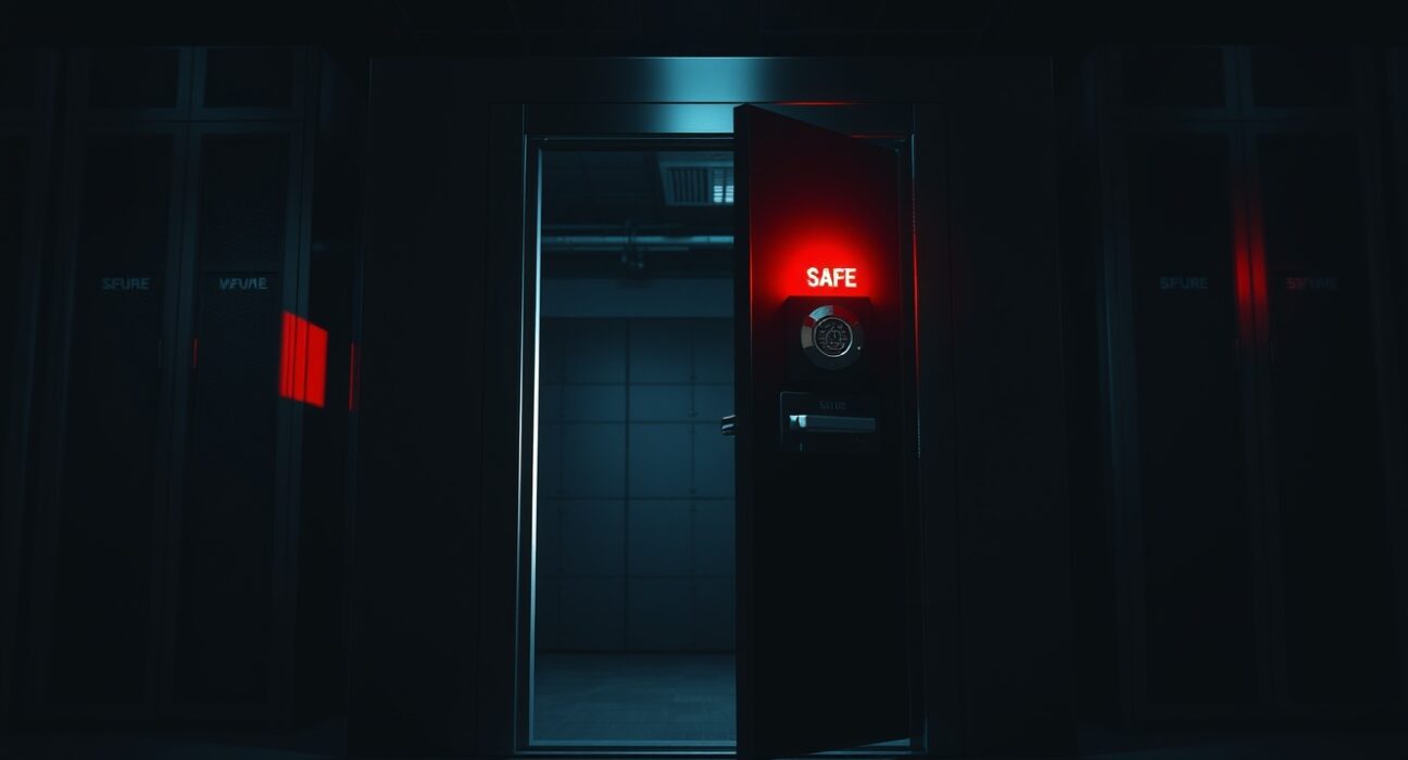 Digital vault door with red warning light in a dimly lit server room, symbolizing a security breach and recovery.
