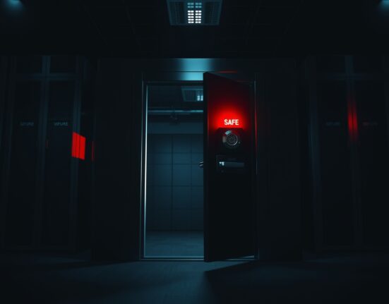 Digital vault door with red warning light in a dimly lit server room, symbolizing a security breach and recovery.