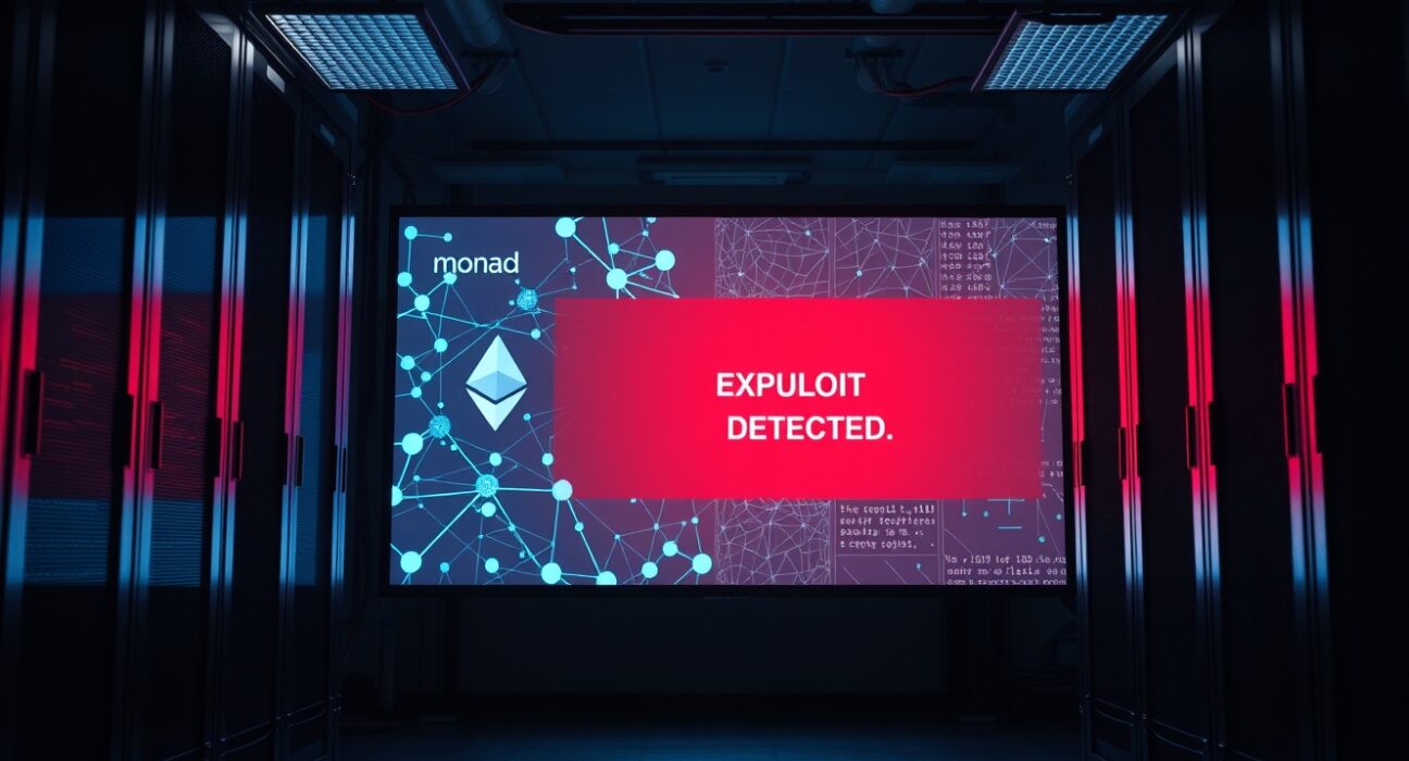 Red alert screen in a data center showing exploit warning with blockchain network visuals