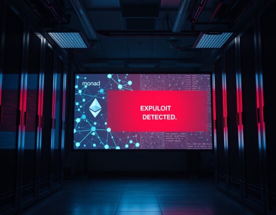 Red alert screen in a data center showing exploit warning with blockchain network visuals
