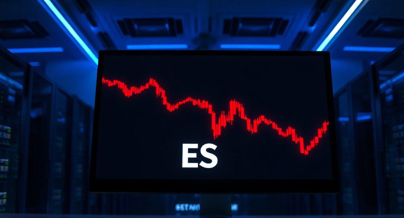 Digital trading screen showing ES token price decline with red candlesticks on a dark background