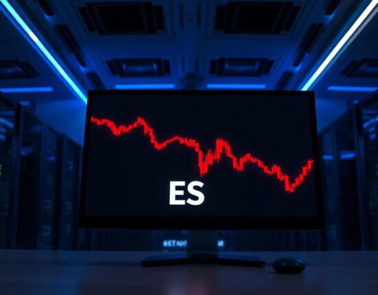 Digital trading screen showing ES token price decline with red candlesticks on a dark background