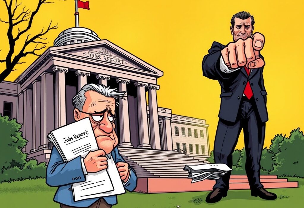 Cartoon illustrating the scrutiny over economic data integrity as a jobs report crumbles, symbolizing disputes over official figures.