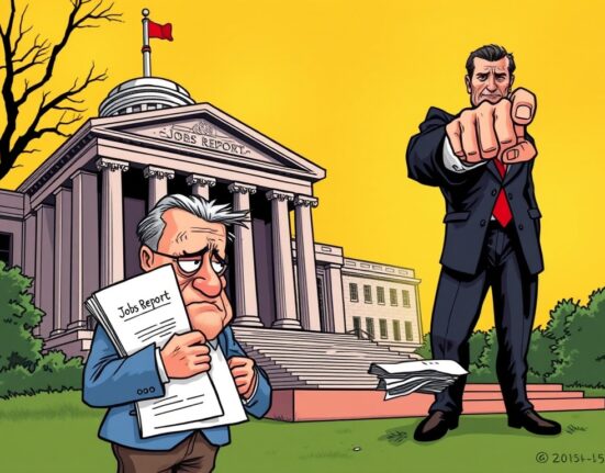 Cartoon illustrating the scrutiny over economic data integrity as a jobs report crumbles, symbolizing disputes over official figures.
