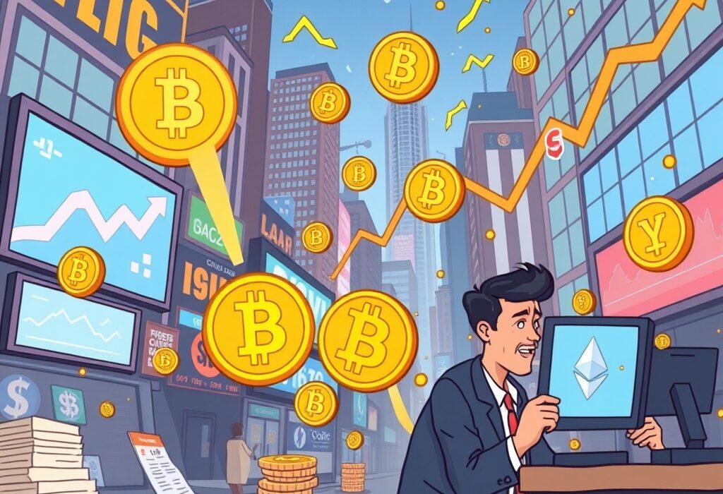 A cartoon illustration showing the significant impact of economic events on the crypto market, highlighting potential volatility for investors.