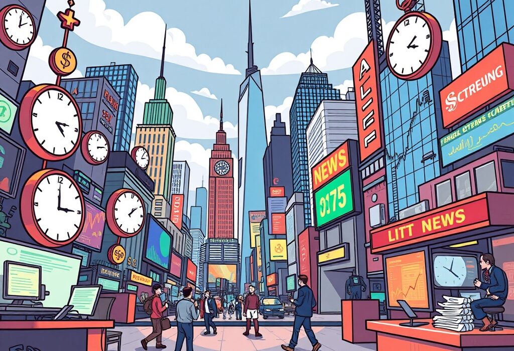 A vibrant cartoon illustration showing a busy financial district with various indicators and clocks, symbolizing the importance of upcoming economic events for market participants.