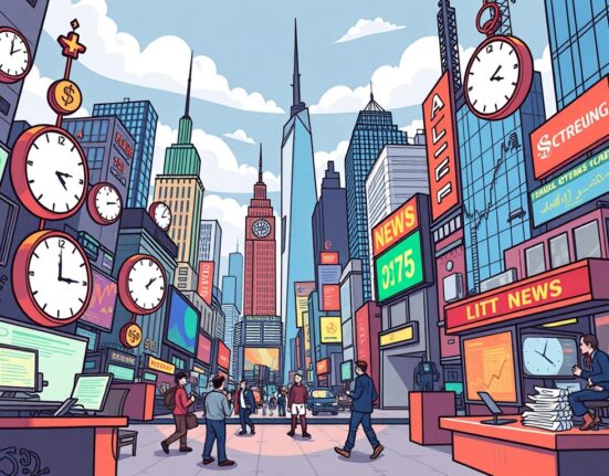 A vibrant cartoon illustration showing a busy financial district with various indicators and clocks, symbolizing the importance of upcoming economic events for market participants.