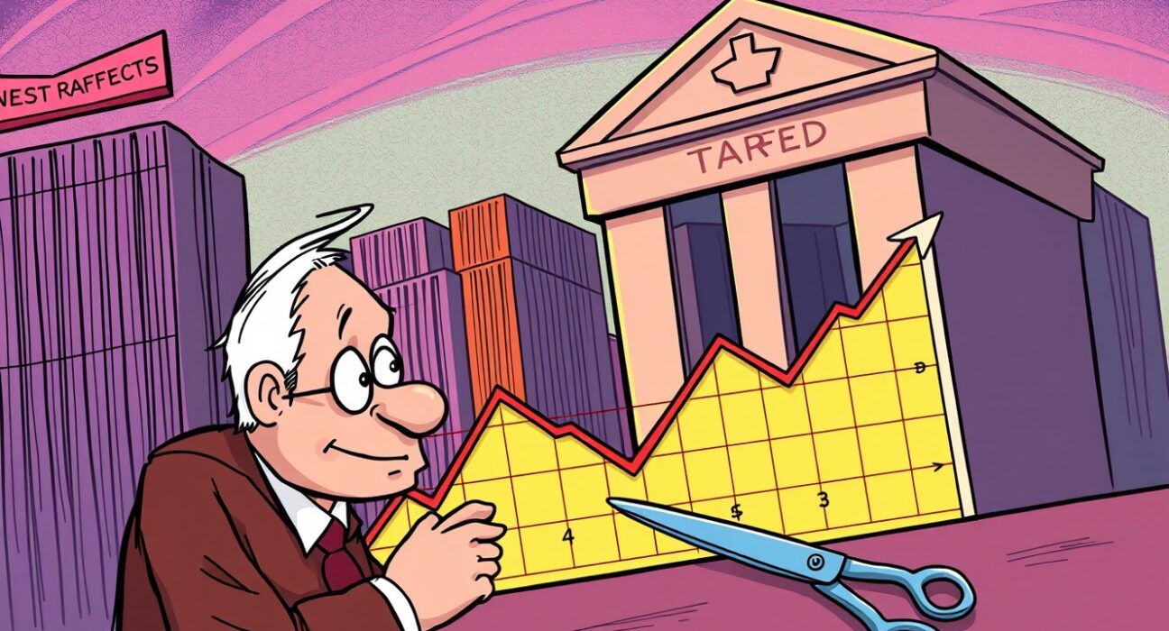 A cartoon illustrating the debate over economic tariffs and their impact on inflation, with a Fed official contemplating policy.