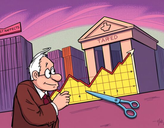 A cartoon illustrating the debate over economic tariffs and their impact on inflation, with a Fed official contemplating policy.