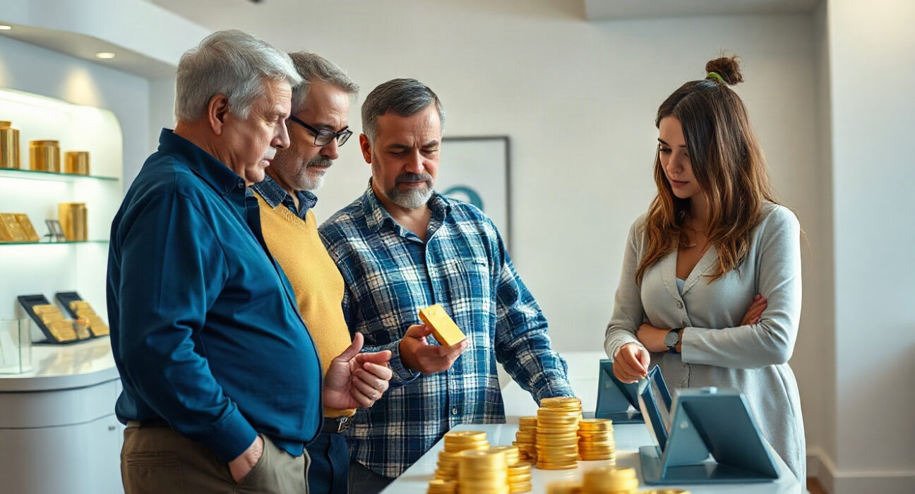 Diverse generations examining gold bars and silver coins at a bullion dealer during economic uncertainty