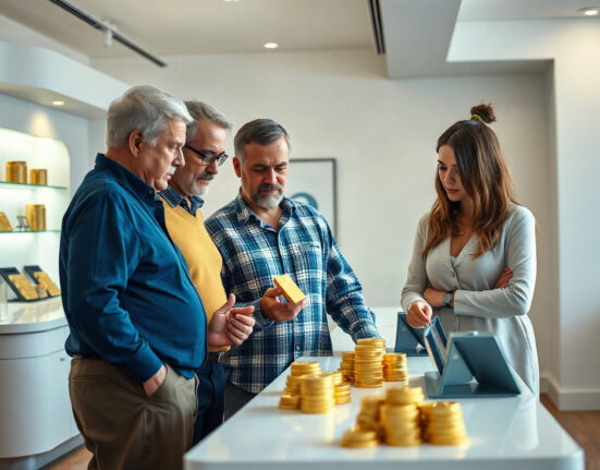 Diverse generations examining gold bars and silver coins at a bullion dealer during economic uncertainty
