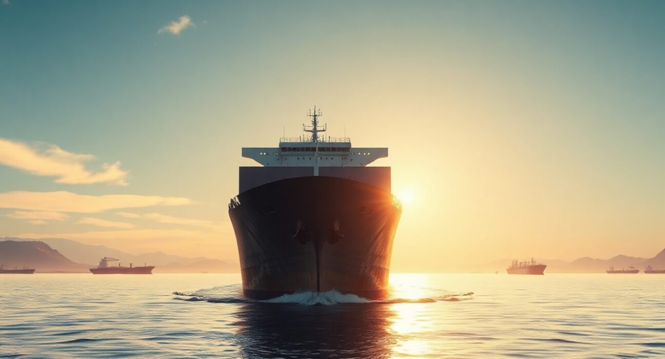 Cargo ship navigating the Strait of Hormuz at sunrise, highlighting geopolitical tension and energy supply risks.