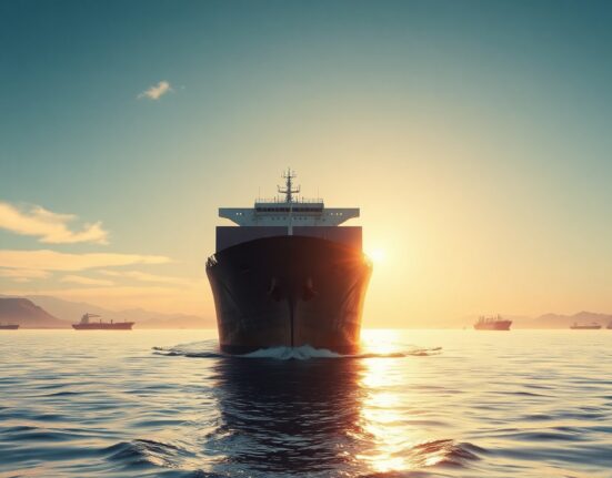 Cargo ship navigating the Strait of Hormuz at sunrise, highlighting geopolitical tension and energy supply risks.
