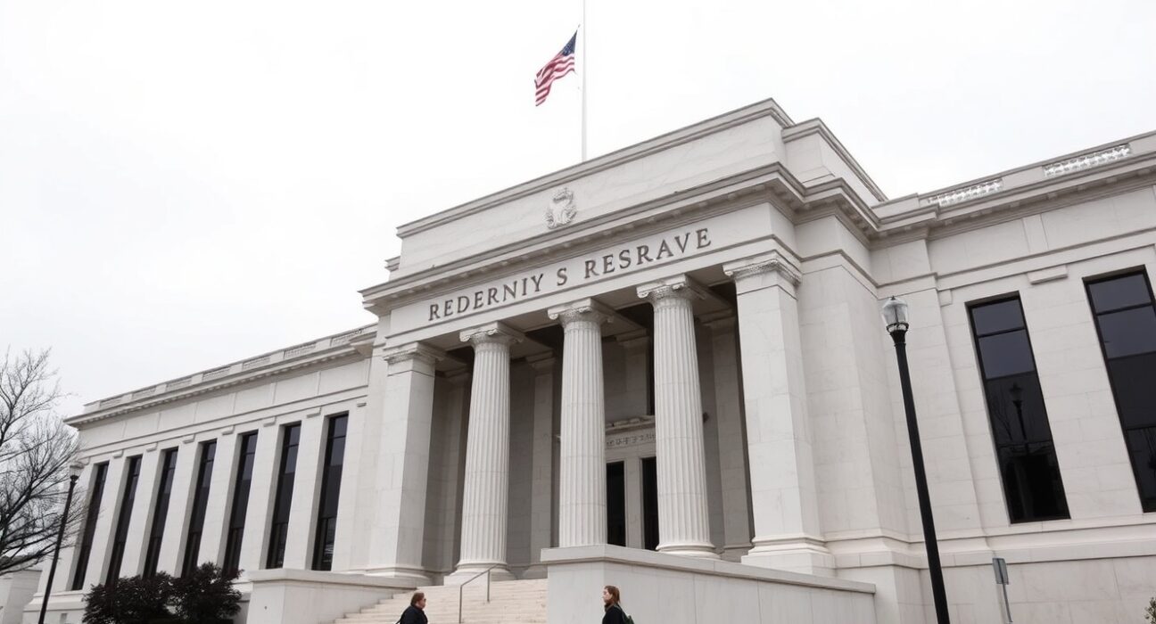 Exterior of the Federal Reserve building in Washington, D.C., on a cloudy day.