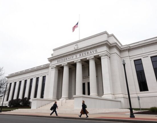 Exterior of the Federal Reserve building in Washington, D.C., on a cloudy day.