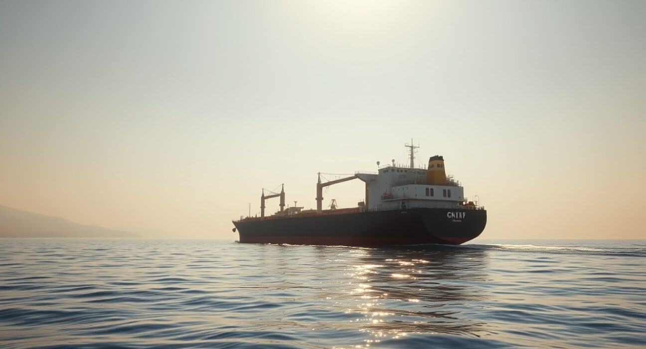 Large oil tanker sailing through the Strait of Hormuz under clear skies.