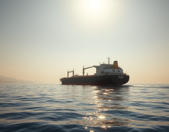 Large oil tanker sailing through the Strait of Hormuz under clear skies.