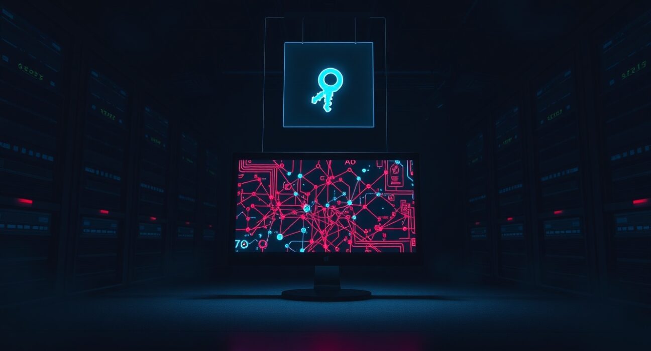 Dimly lit server room with a glowing monitor showing a blockchain network and a broken key hologram, representing a security breach.