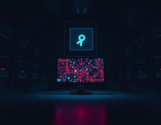Dimly lit server room with a glowing monitor showing a blockchain network and a broken key hologram, representing a security breach.