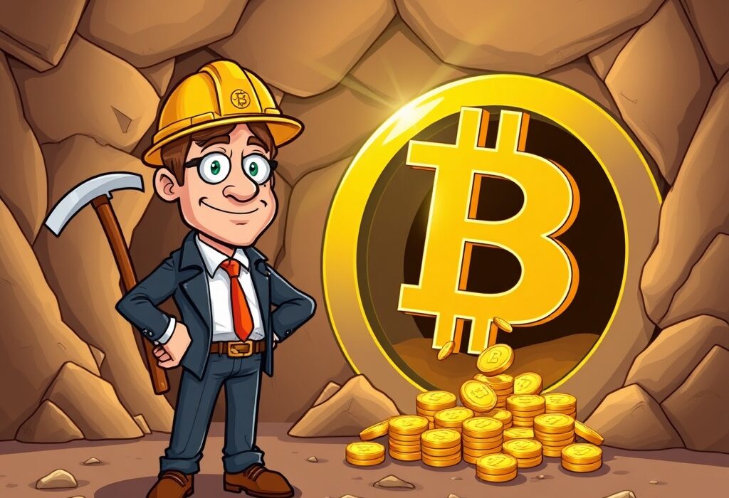 A cartoon executive overseeing the strategic shift to a Bitcoin treasury strategy, blending traditional gold assets with digital currency.
