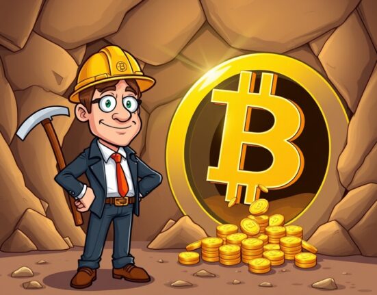 A cartoon executive overseeing the strategic shift to a Bitcoin treasury strategy, blending traditional gold assets with digital currency.