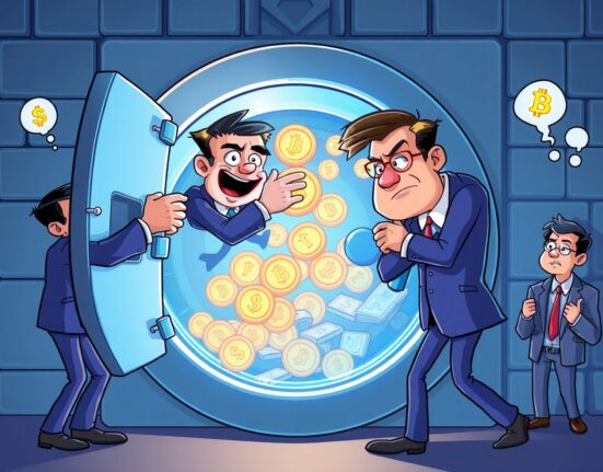 Edel Finance token controversy depicted through cartoon business figures collecting digital coins