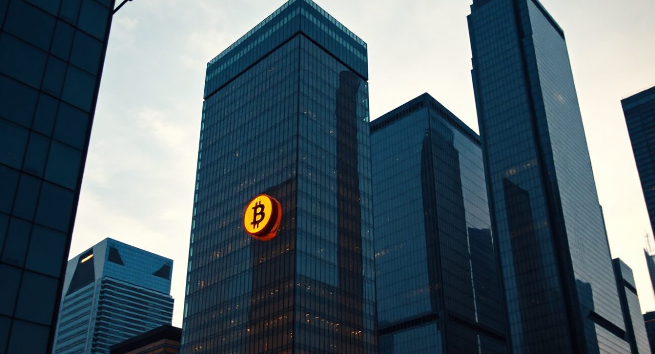 Modern financial district skyline at dusk with a subtle Bitcoin symbol reflection on a skyscraper, representing institutional investment in Bitcoin ETFs.
