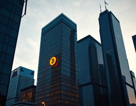 Modern financial district skyline at dusk with a subtle Bitcoin symbol reflection on a skyscraper, representing institutional investment in Bitcoin ETFs.