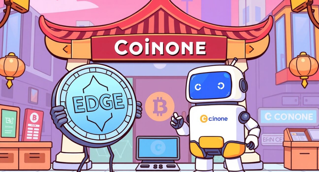 A vibrant cartoon depicting the exciting EDGE crypto listing on Coinone, symbolizing new opportunities for traders.
