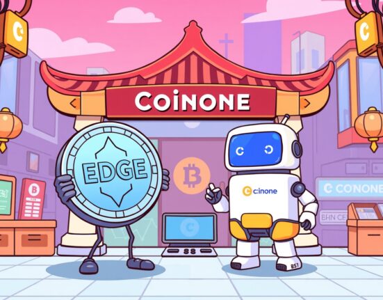 A vibrant cartoon depicting the exciting EDGE crypto listing on Coinone, symbolizing new opportunities for traders.