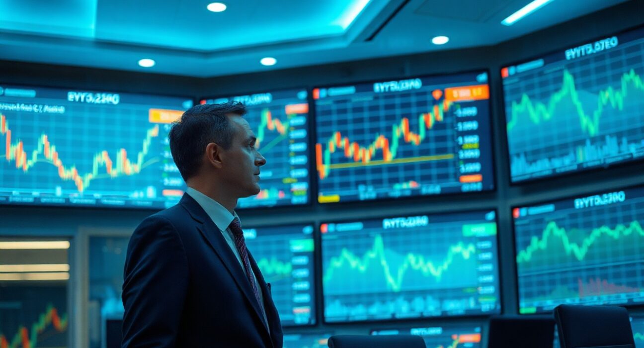 Financial analyst observing cryptocurrency charts on screens in a modern trading office