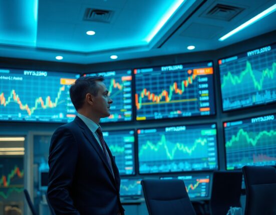 Financial analyst observing cryptocurrency charts on screens in a modern trading office