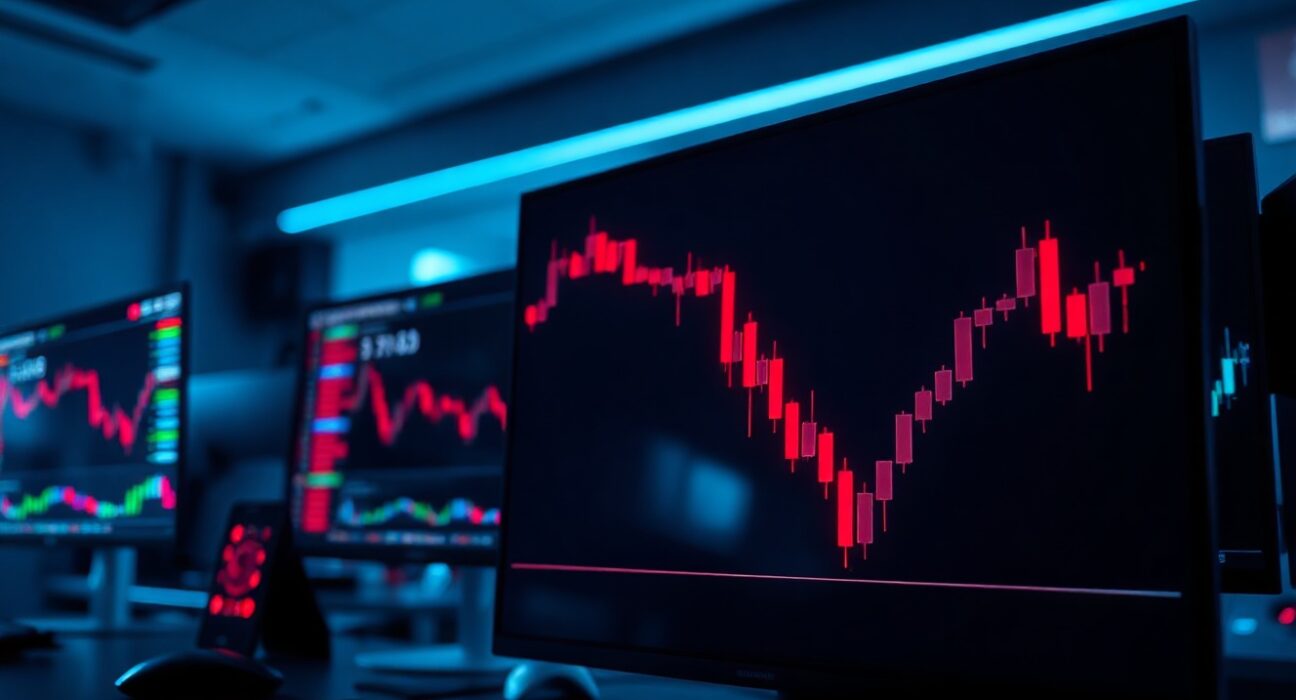 Red candlestick chart showing EDGE token price crash on a trading monitor