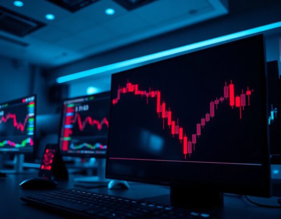 Red candlestick chart showing EDGE token price crash on a trading monitor