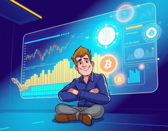 A cartoon investor gains powerful AI financial analysis insights for stocks and crypto, leveling the playing field with institutional tools.