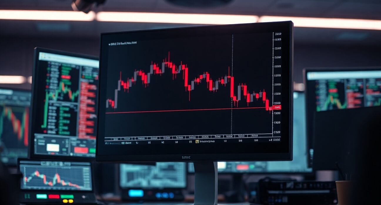 A computer monitor showing a sharp red price drop on a cryptocurrency chart in a dark trading room.