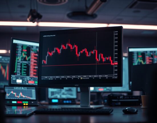 A computer monitor showing a sharp red price drop on a cryptocurrency chart in a dark trading room.