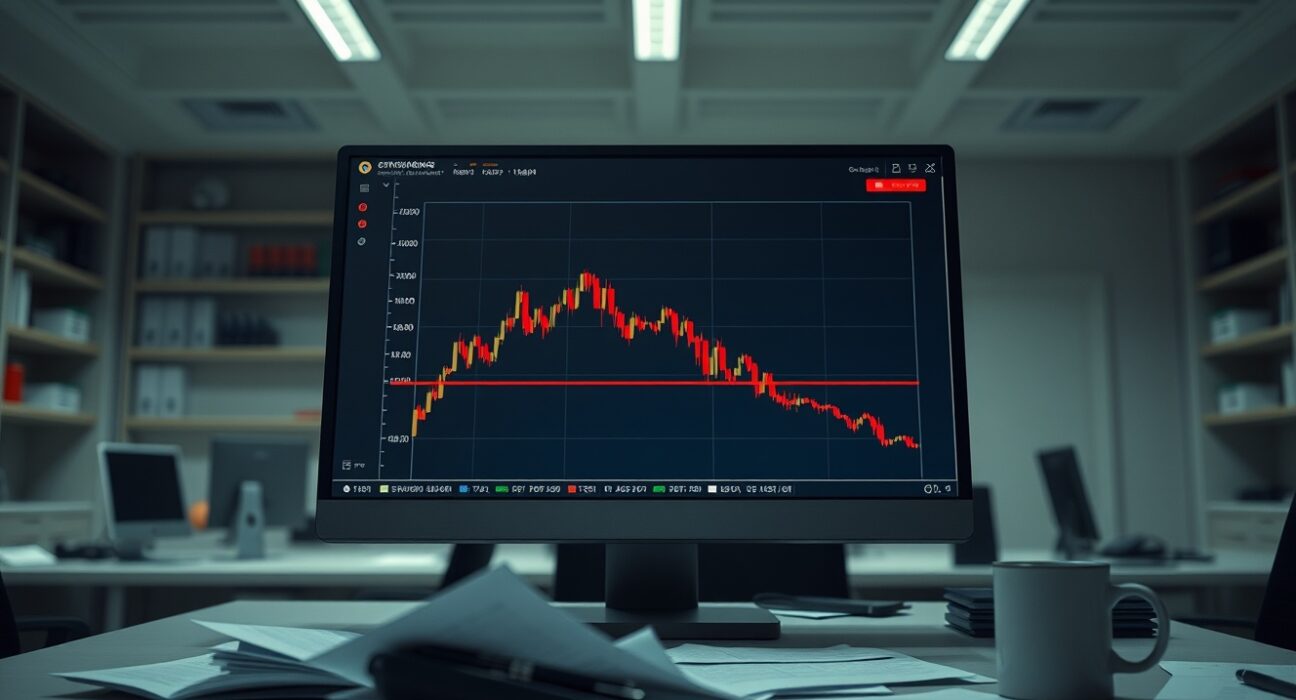Financial news desk with computer showing cryptocurrency chart with sharp decline
