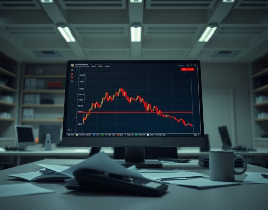 Financial news desk with computer showing cryptocurrency chart with sharp decline