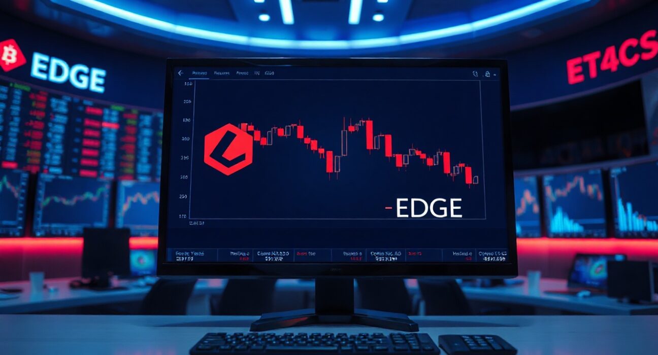 Digital exchange screen showing a sharp red candlestick chart decline with EDGE token logo, representing the price crash under investigation.