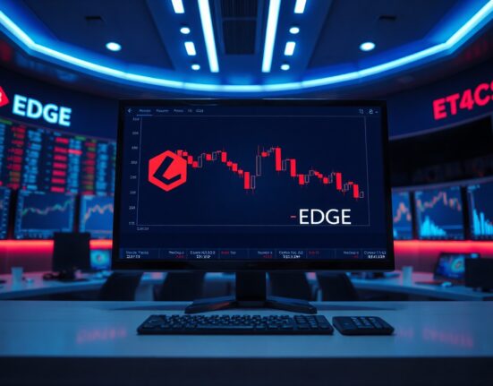 Digital exchange screen showing a sharp red candlestick chart decline with EDGE token logo, representing the price crash under investigation.