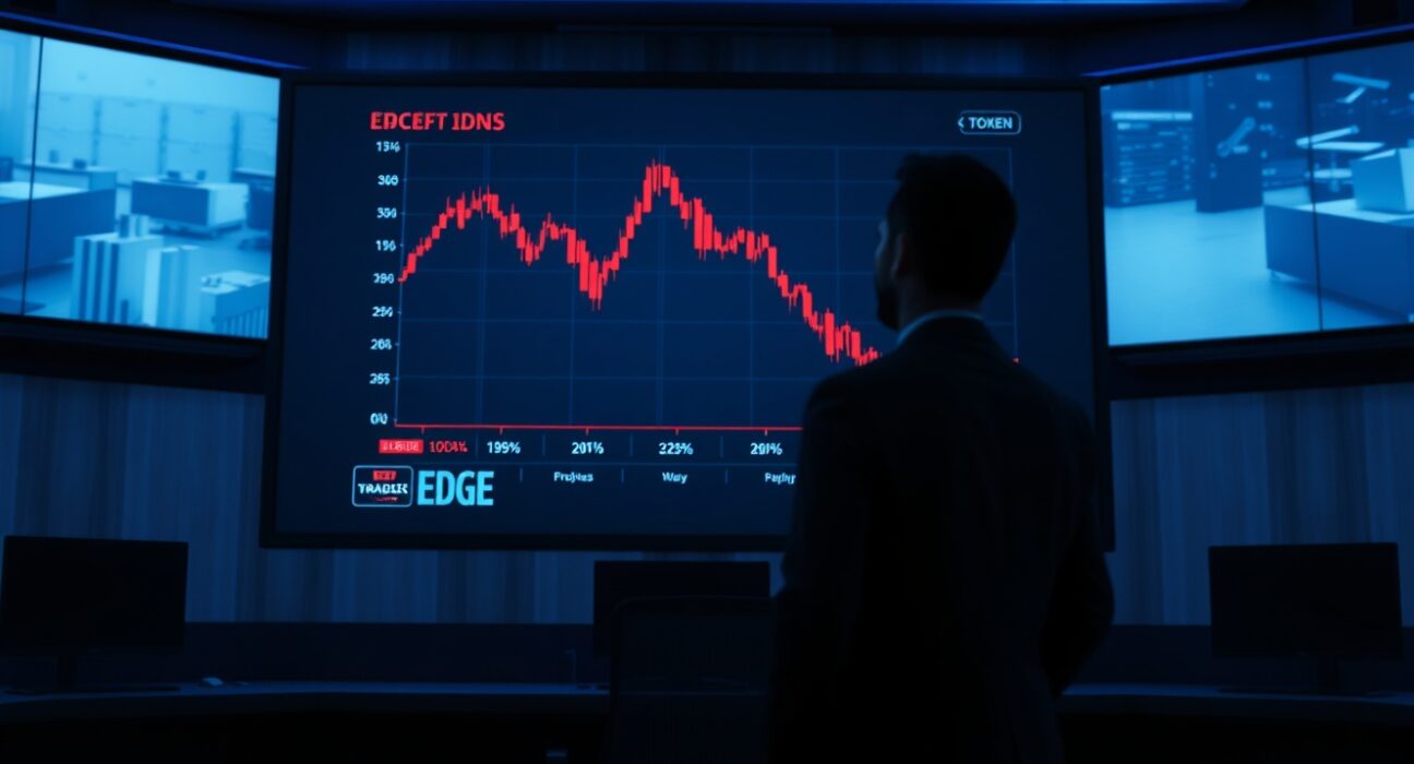 A downward trending cryptocurrency chart on a screen in a dimly lit financial monitoring room