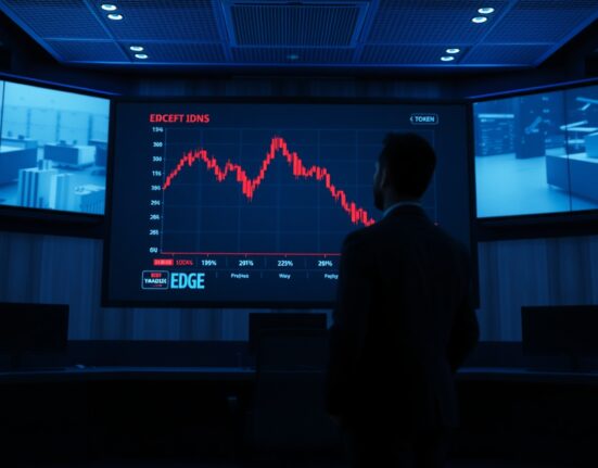 A downward trending cryptocurrency chart on a screen in a dimly lit financial monitoring room