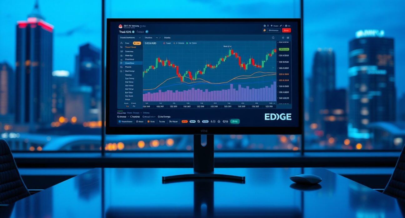 EdgeX V2 trading platform dashboard on monitor in modern office