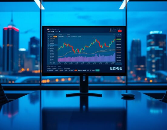 EdgeX V2 trading platform dashboard on monitor in modern office